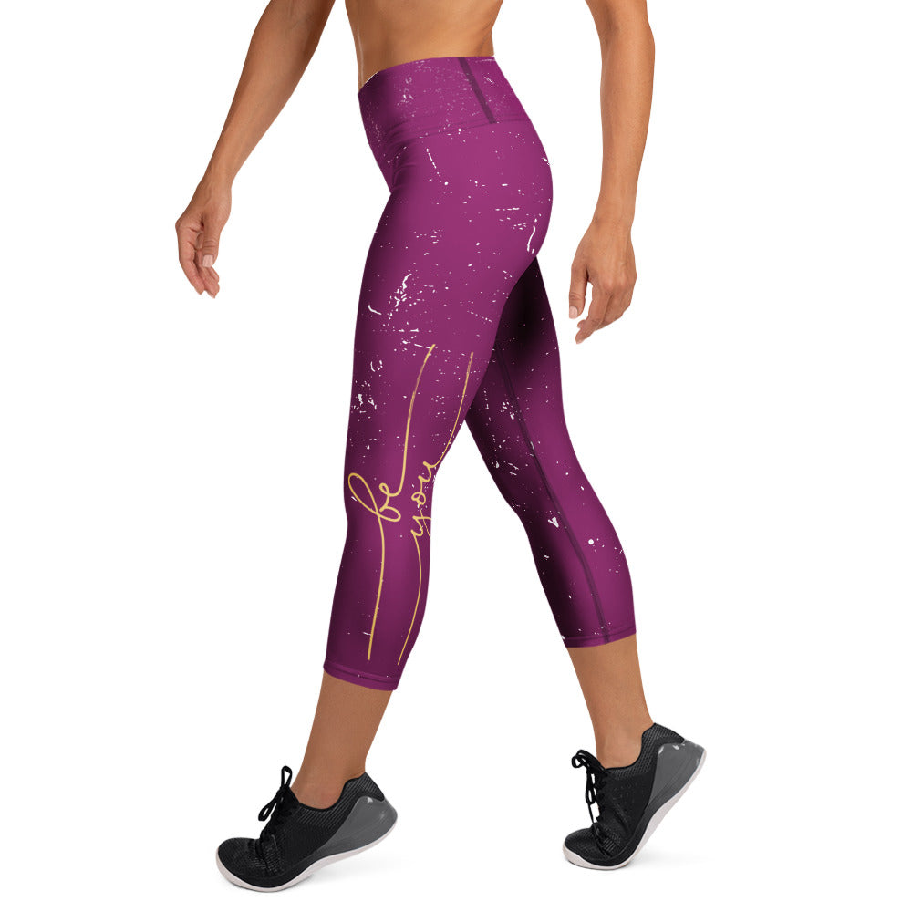 GynetiXx Leggings 3/4 lanmg in bordeaux mit goldenem aufdruck be you am bein highwaist