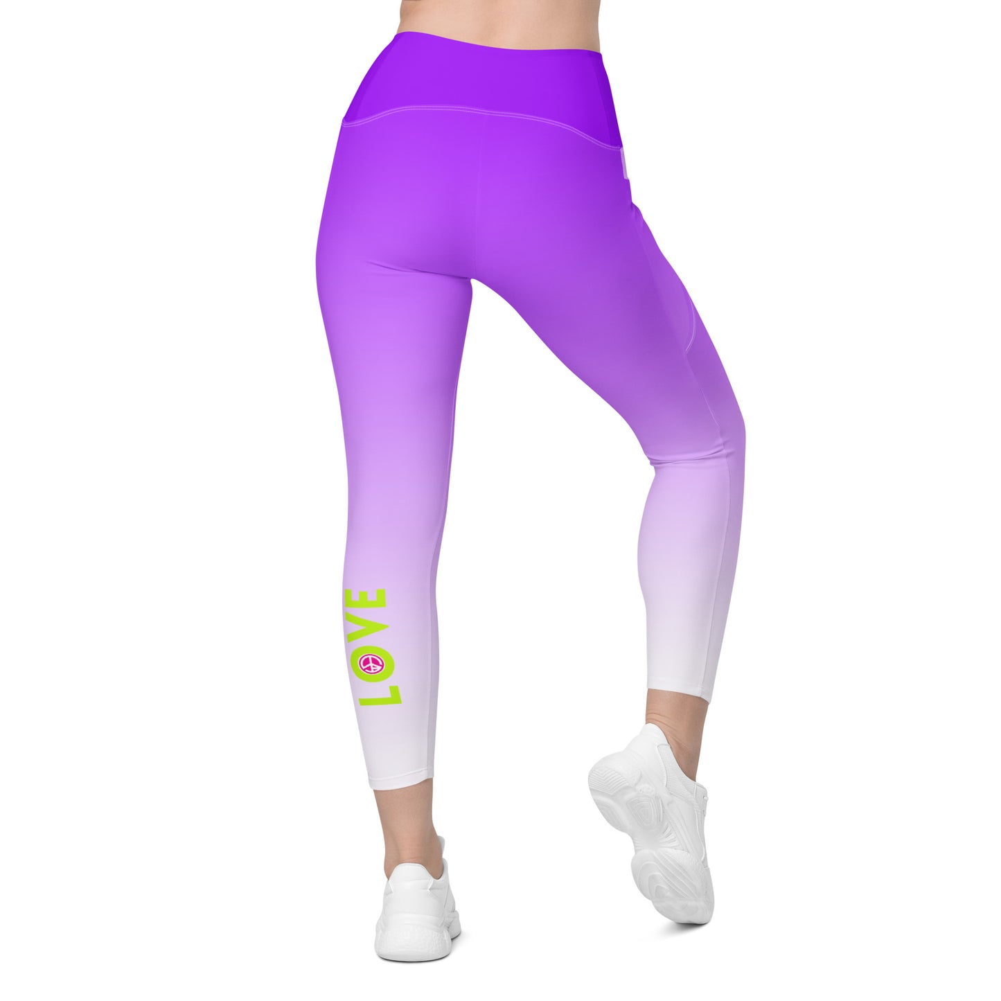Lila farbene Leggings mit farbverlauf ins flieder mit Neon aufdruck LOVE au
 dem linken bein high waisted